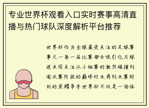 专业世界杯观看入口实时赛事高清直播与热门球队深度解析平台推荐